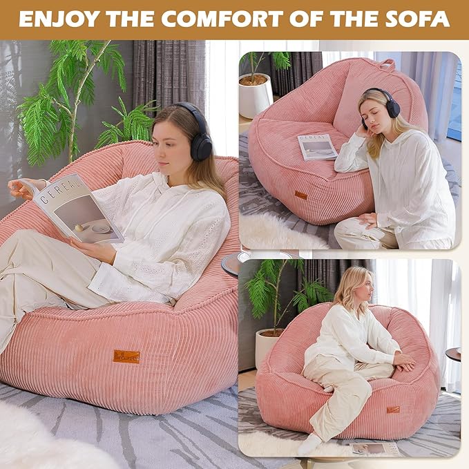 Giant Bean Bag Chair for Adults, Teens and Kids, Cozy Fluffy Corduroy Beanbag Chair with Filler, Large Floor Lounge Sofa for Living Room, Bedroom, Dorm, Gaming and Reading(L-Pink)