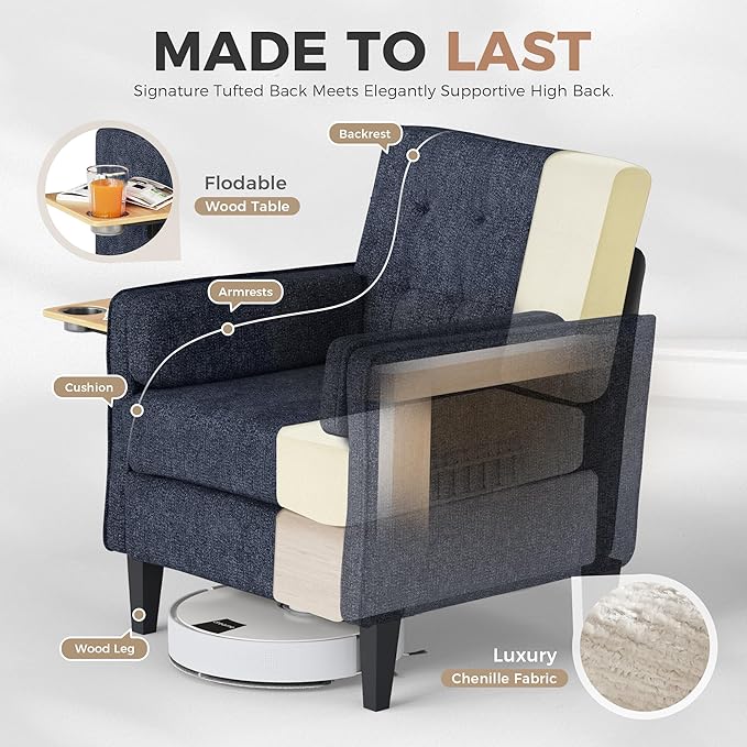 Chenille Accent Chair, Mid Century Modern Arm Chair with Foldable Wooden Side Table & Cup Holder - Comfy Reading Chair for Bedroom,Living Room Chairs,Sofa Chair Set of 2,Navy Blue