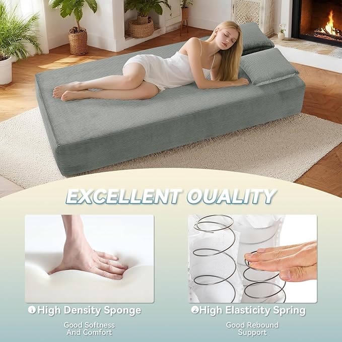 GJQ Convertible Floor Sofa Bed,83" 3 Seater Couch with Pillow Back & Storage Pockets,Corduroy Boneless Couch for Living Room,Compressed Sofa in a Box No Assembly,Light Gray