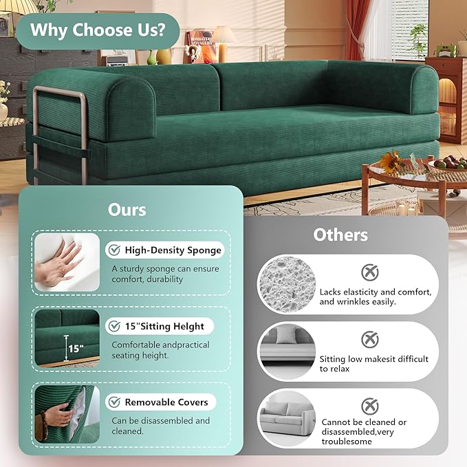 Convertible Sleeper Sofa Bed Boneless Cloud Comfort Green Futon Couch for Lounging & Sleeping, Removable & Washable Corduroy Sofa Cover, Floor Sofa Folding Mattress for Guests, Small Space