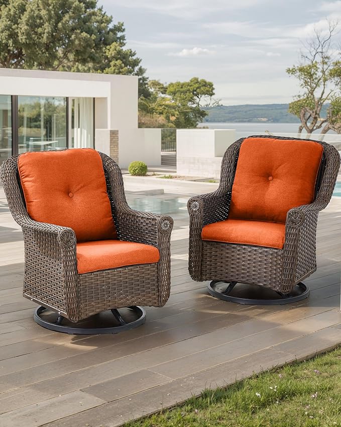 ACTREST Patio Chairs Outdoor Swivel Glider - Set of 2 High Back Outside Brown Wicker Rattan Rocking Chair with Zippered Cushion for Porch Apartment Deck Yard Poolside Garden - Orange