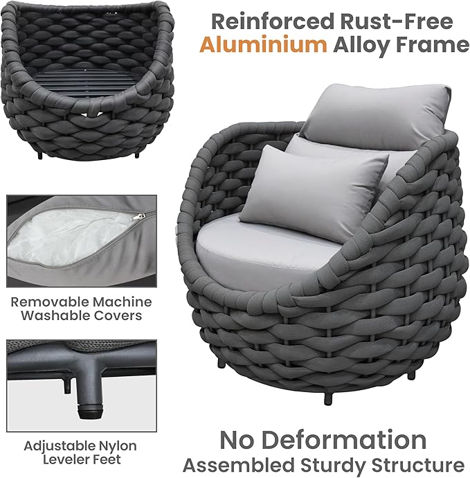 Erotr Woven Rope Patio Furniture Set: 4 Pieces Aluminum Outdoor Conversation Sofa Set Assembled - Modern Deck Couch Set Cushioned - All Weather Metal Porch Seating for 5 Person Garden Pool Yard Hotel