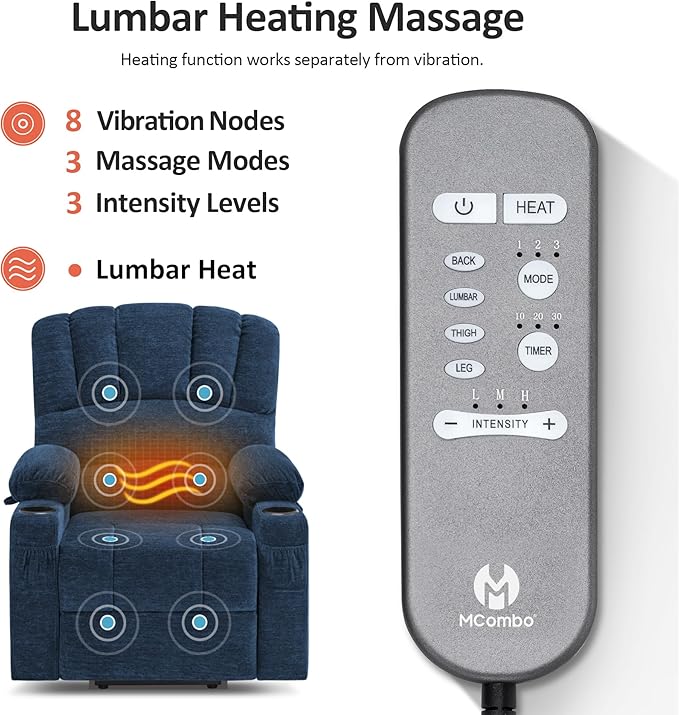 MCombo Power Lift Recliner Chair for Elderly, Lift Chair with Heat and Massage, USB &Type C Ports, Cup Holders, Fabric 7095 (Medium, Navy Blue)
