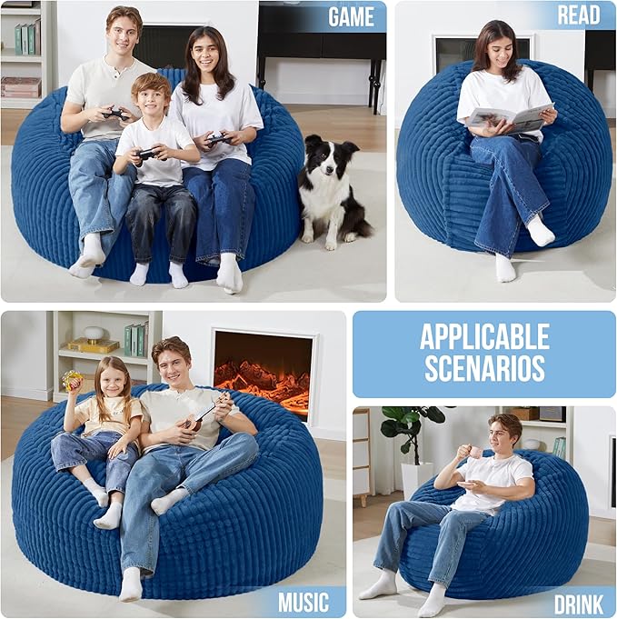 Homguava 3 FT Bean Bag Chair,3' Big Bean Bag,Large Bean Bag Chairs for Adults with Memory Foam Filled,Comfy Beanbag Chairs Soft Bean Bag Sofa with Dutch Corded Plush Cover-Blue