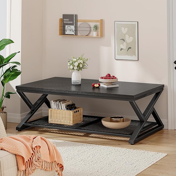 EnHomee Coffee Table with Storage, Modern Coffee Tables for Living Room with Mesh Shelf, 2 Tier Rectangular Center Table for Living Room, Bedroom, 47.2 Inch, Black Oak