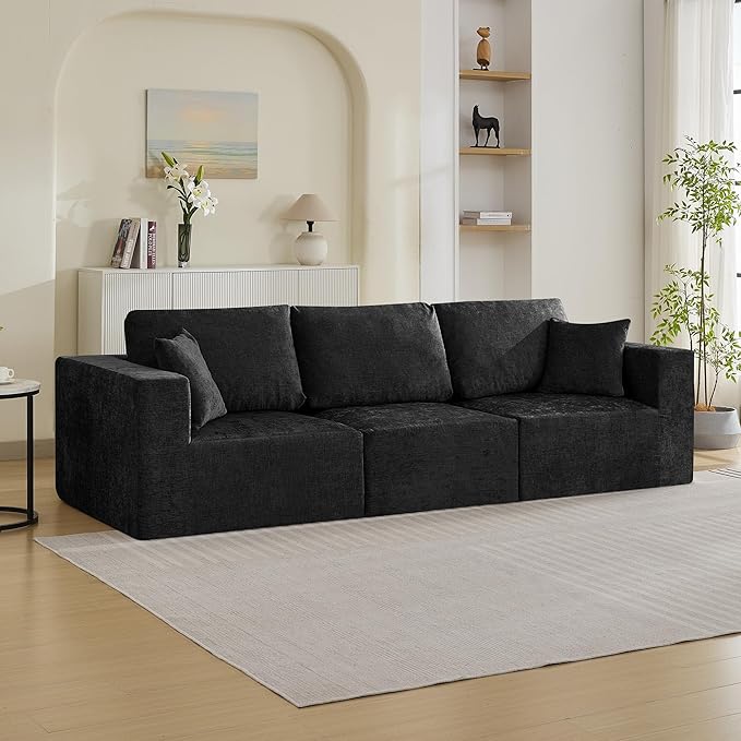 115'' Comfy Boneless Couch, Upholstered Deep Seat Modular Cloud Sofa, No Assembly Chenille Compression 3 Seater Sofa Couch for Living Room, Black