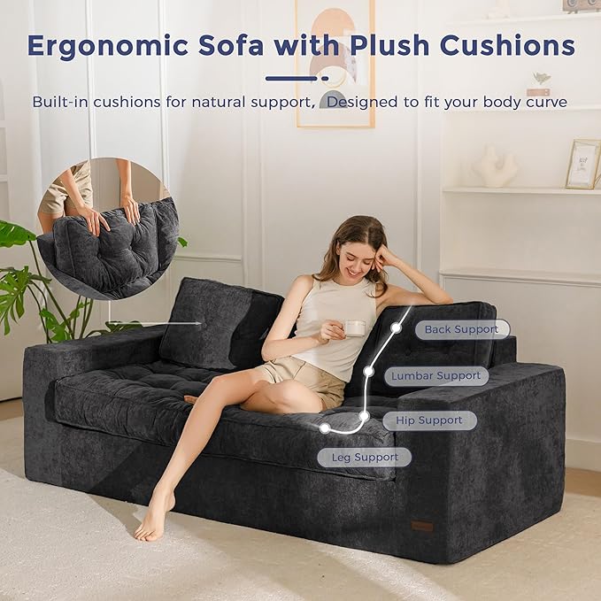 MAXYOYO Boneless Sofa Couch, Loveseat Sofa for Small Space, Tufted 3-Seater Floor Couch Bean Bag Chair for Living Room Bedroom Apartment, Sofa in a Box, No Assembly Needed, Black