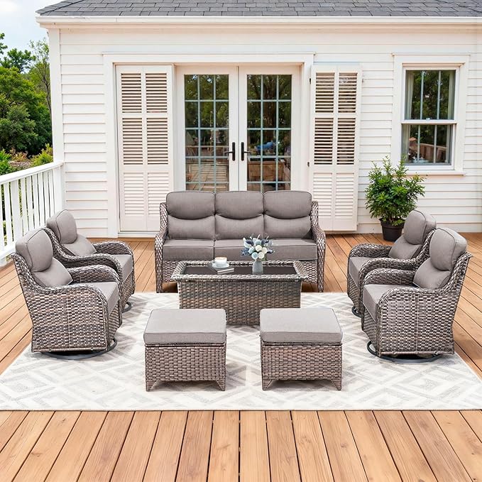 Pugire Luxury High Back Patio Furniture Set with 6-Inch Thick Cushions, 8-Pieces Outdoor Furniture with Swivel Chairs, Wicker Conversation Set for Porch, Balcony, Deck and Yard, Brown/Grey