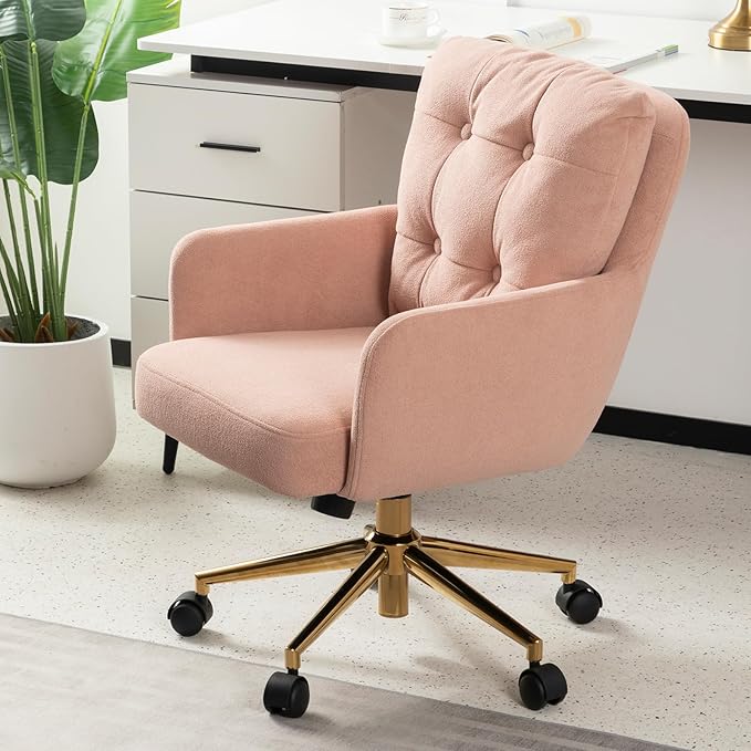 BALIAA Flannel Office Chair, Comfy Home Office Desk Chairs with Lumbar Support, Modern Velvet Desk Chair Gold Legs Small Swivel Task Chair for Home Office, Bedroom, Study (Pink, L)