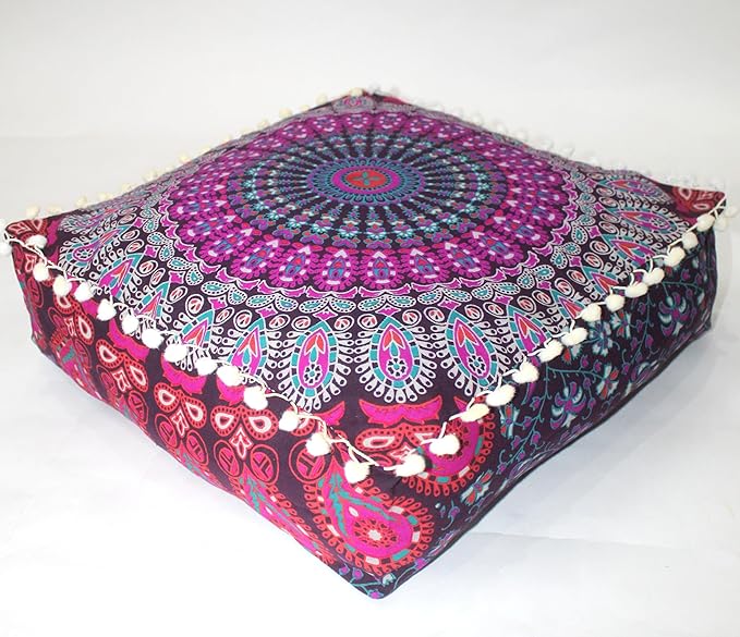 CRAFT KALA Pink Peacock Large Hippie Mandala Meditation Floor Ottoman Pillow Cushion Pouf Cover Square Poufs Bohemian Circle Floor Cushion Case Outdoor Fireplace Living Room Decor Cover 18" Square