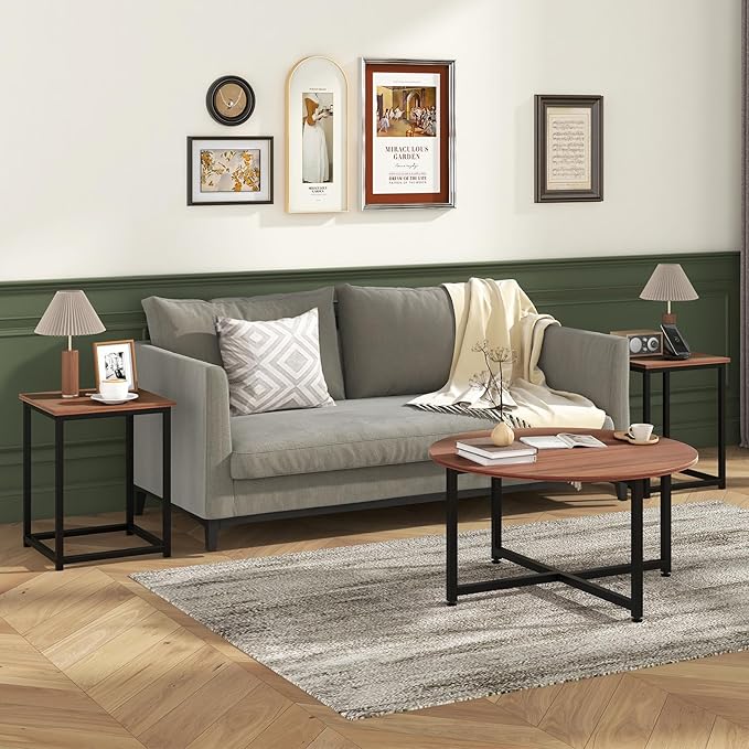 Giantex Round Nesting Table Set of 3, Farmhouse Coffee Table w/2 End Tables, Sturdy Metal Frame, 3-Piece Wooden Living Room Table Set for Home Office, Apartment (Walnut & Black)