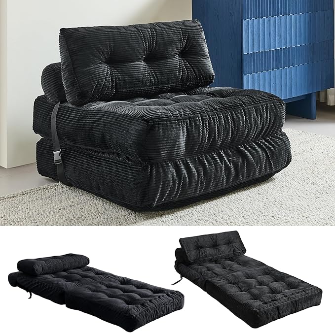 Convertible Sofa & Couch Bed - Oversized Adult Sleeper Chair & Bean Bag Chair, Foldable Floor Bed with Backrest, Comfortable Lazy Sofa for Bedroom, Living Room & Dorm (Black, Single)