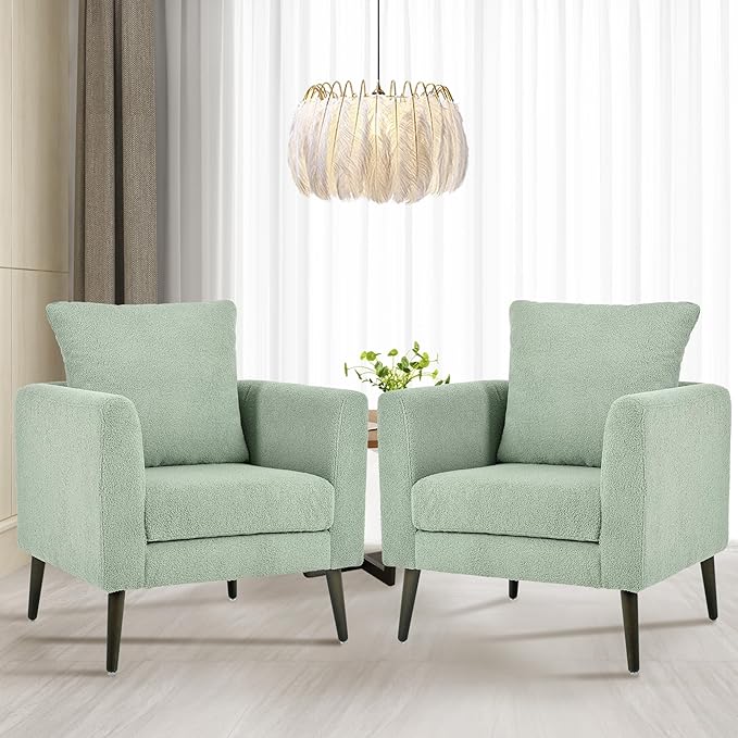 QKFF Barrel Accent Chair Set of 2 with Back Pillow, Large Teddy Upholstered Armchair with Solid Wood Legs Modern Reading Chairs for Living Room Bedroom