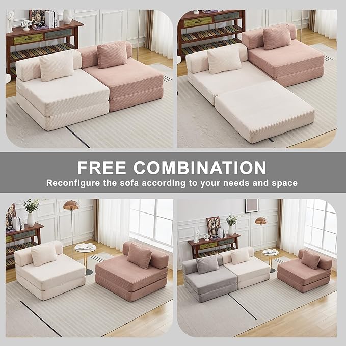 Folding Sofa Bed, Convertible Sleeper Chair with Pillow, Single Sofa with Back Support, Portable Fold Out Chair Cloud Couch Bed, Comfy Floor Sofa Lounge for Living Room Bedroom, Light Grey
