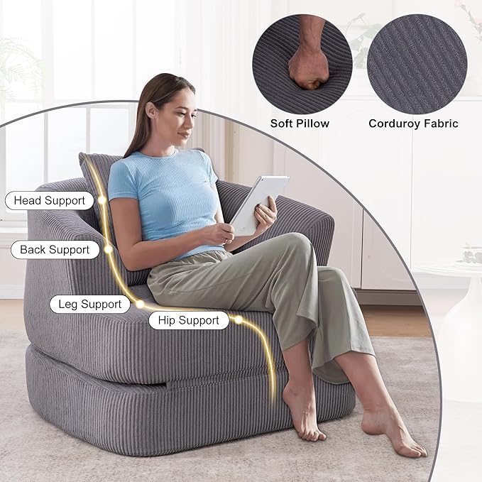 Oversized Convertible Sleeper Chair, Convertible Couch Bed with Backrest and Pillow, Corduroy Oversized Armchair for Adults, Comfy Sleeper Chair Bed for Living Room, Bedroom, Home Office, Grey