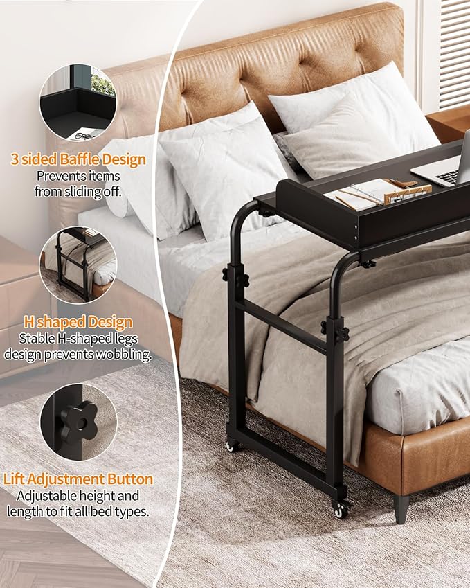 Saifu Overbed Table with Wheels,Adjustable Height & Length Laptop Desk for Bed,King & Queen Size Beds Bed Table,Rolling Standing Desk,Over Bed Table for Working Reading Eating,Black