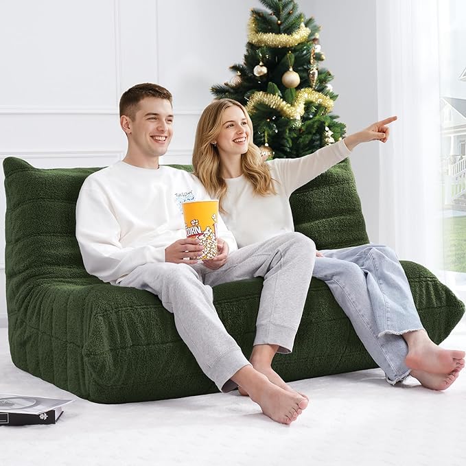 Bean Bag Loveseat Chair Big Sofa Beanbag Chair for Adults Fireside Chair Bean Bag Lounger with Memory Foam Filled for Home,Apartment or Gaming Venue（Green Teddy）
