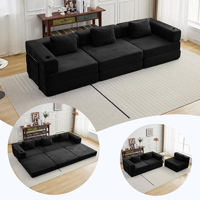 118" Oversized Convertible Floor Sofa Bed, Boneless Foldable Mattress Cloud Couch with Pillow Back & Armrest, Fold Out Floor Couch with Cup Holder for Living Room Bedroom Lounge, Corduroy, Black