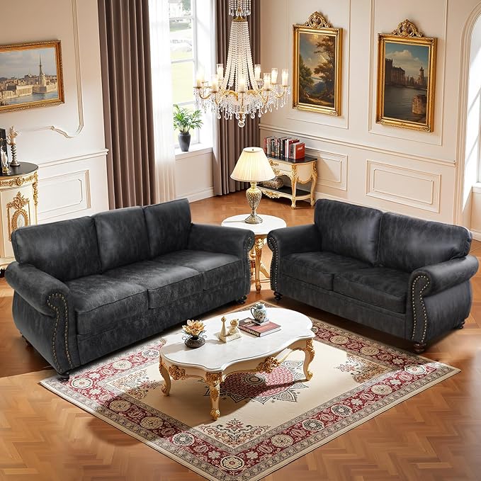 Couchus Living Room Furniture Sets,Sofa Sets and Couch Sets for Living Room,Mid-Century Vintage Sofa Couches with Rivet Design (Grey, Loveseat+3 Seater)