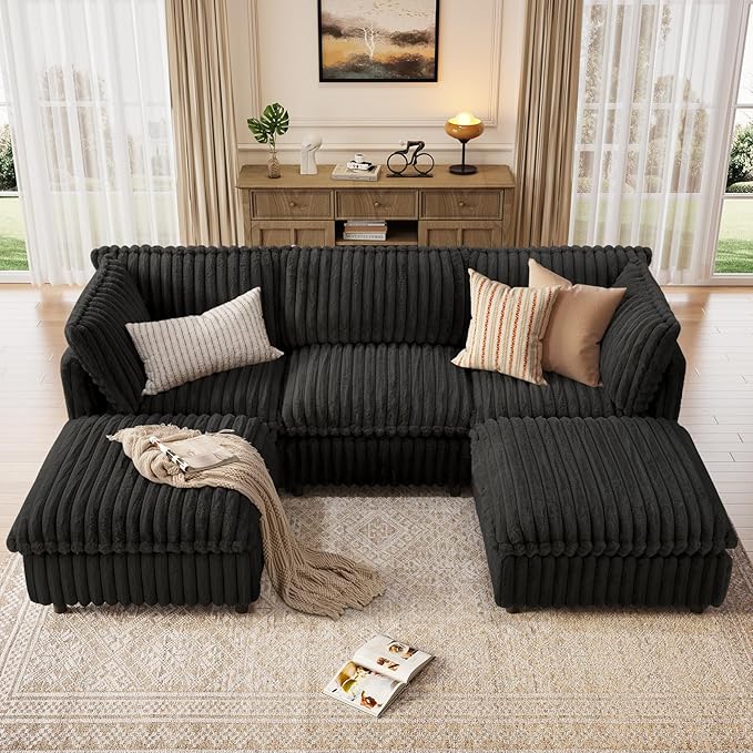 KKL Modular Sectional Couch for Living Room, U Shaped Corduroy Couches with 2 Ottomans, 5 Seater Oversized Sofa Convertible to L Shaped, Soft Fabric Modern Sofa, Black