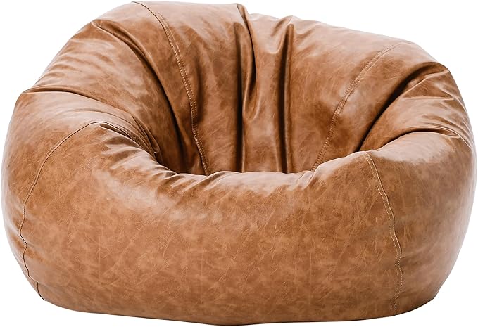 Factory Direct Partners 35" Rustic Western Bean Bag Chair; Distressed Faux Leather, Low to Ground for Reading, Playing Video Games and Relaxing; Flex Seating for Home and School - Pecan, 10478-321