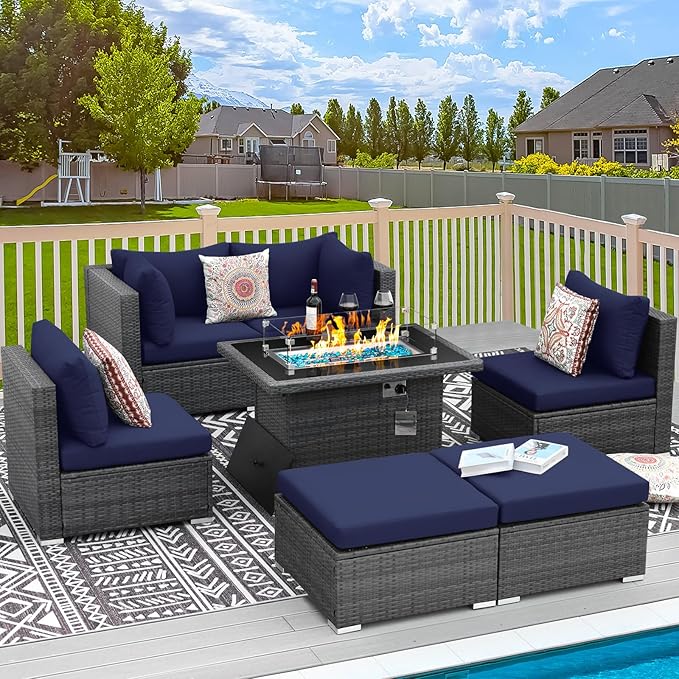 RADIATA 7 Piece Wicker Patio Furniture Set with Fire Pit, All-Weather Outdoor Sectional Couch High Back Large Size, Modular Backyard Seating Sofa Set with Propane/Natural Gas Firepit Table, Grey&Blue