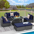 RADIATA 7 Piece Wicker Patio Furniture Set with Fire Pit, All-Weather Outdoor Sectional Couch High Back Large Size, Modular Backyard Seating Sofa Set with Propane/Natural Gas Firepit Table, Grey&Blue