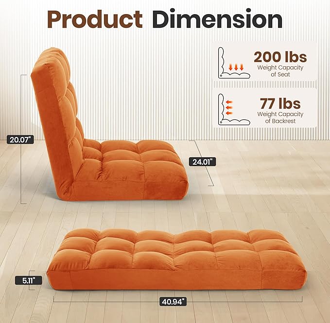 GARTMILAN Large Lazy Sofa, 24-inch Wide Plush Velvet Adjustable Floor Chair, 14-Position Armless Sofa(Orange)