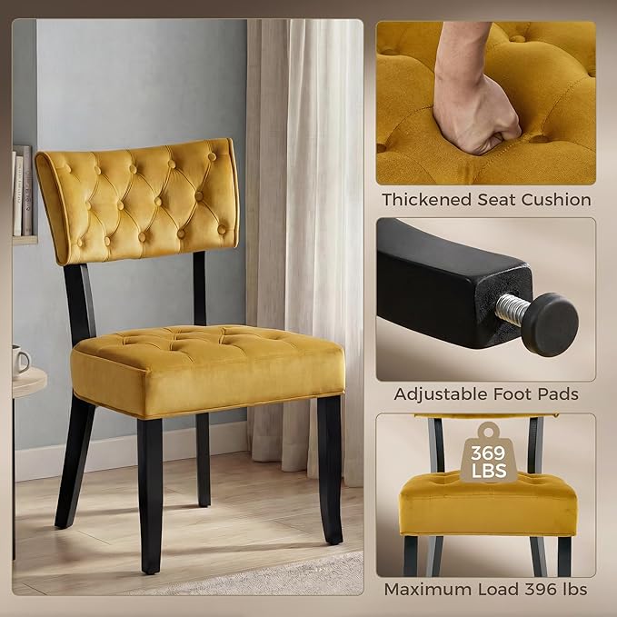 UVV Upholstered Dining Chairs Set of 4, Mid Century Modern Tufted Kitchen Chairs Dining Room Chairs, Velvet Dinner Chair with Wood Legs for Dining Room Kitchen, Turmeric-Black Legs
