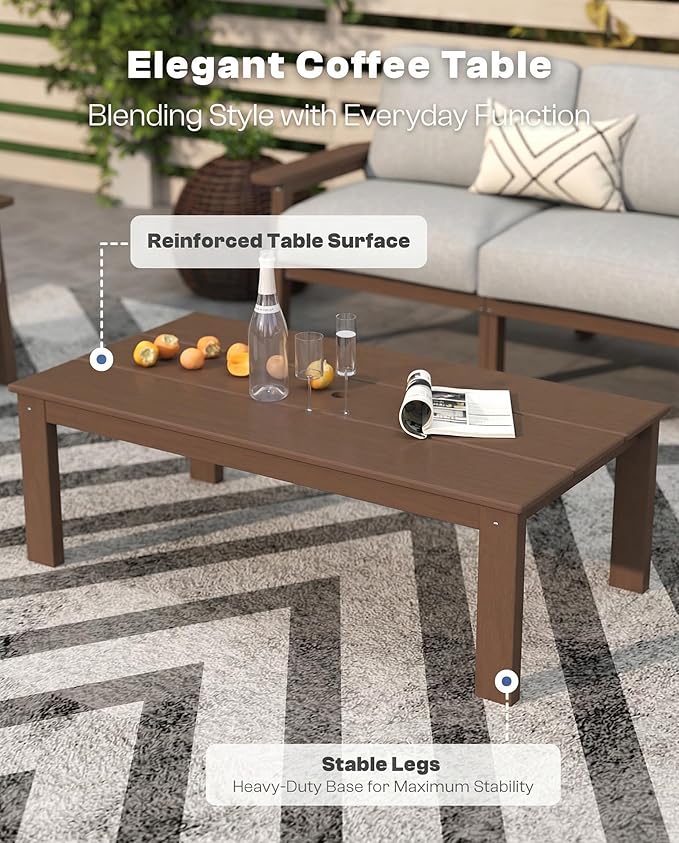 Patio Kingdom Patio Furniture Set with Washable Thick Grey Cushions, Coffee Table & Side Table, HDPE Outdoor Couch, All-Weather Outdoor Sectional Furniture, Patio Conversation Sets (Brown Frame)