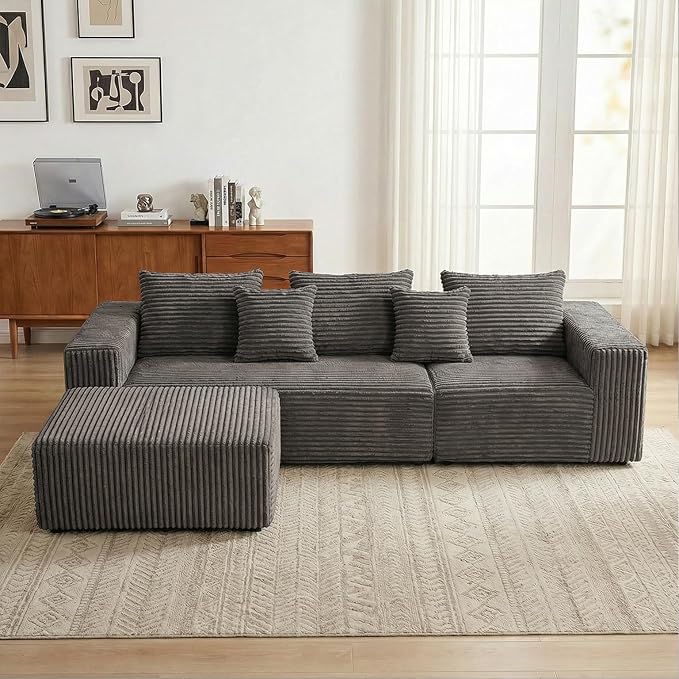 Sytopia 109" L-Shaped Cloud Couch, Boneless Modular Sectional Sofa with Deep Seat for Living Room Bedroom, Modern Floor Couch Corduroy, Comfy Sleeper Futon Sofa Bed 40D Foam Furniture, Left Facing
