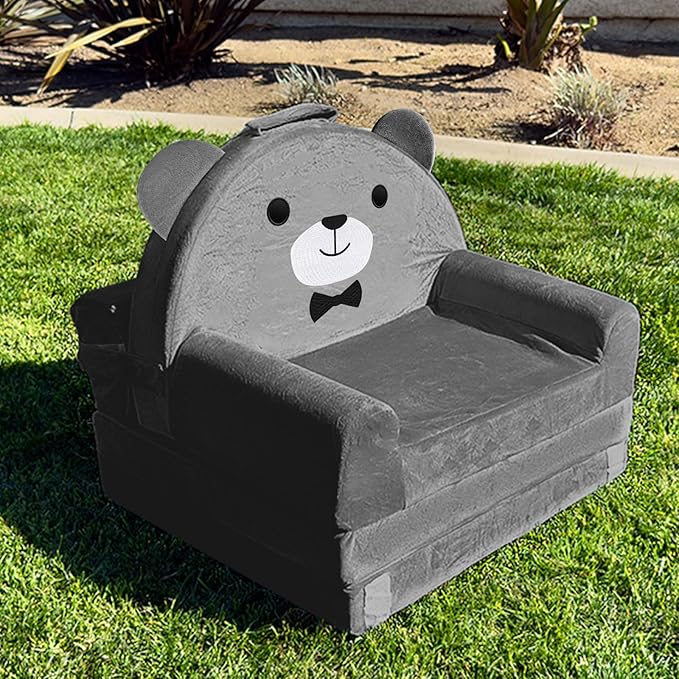 ORWIPO Kids Sofa Bed with Removable Washable Cover & Magic-Tape Backrest – Foldable Toddler Chair, Cozy Crystal Velvet Furniture for Playtime, Naps & Travel (Dark Gray, Bear Design)