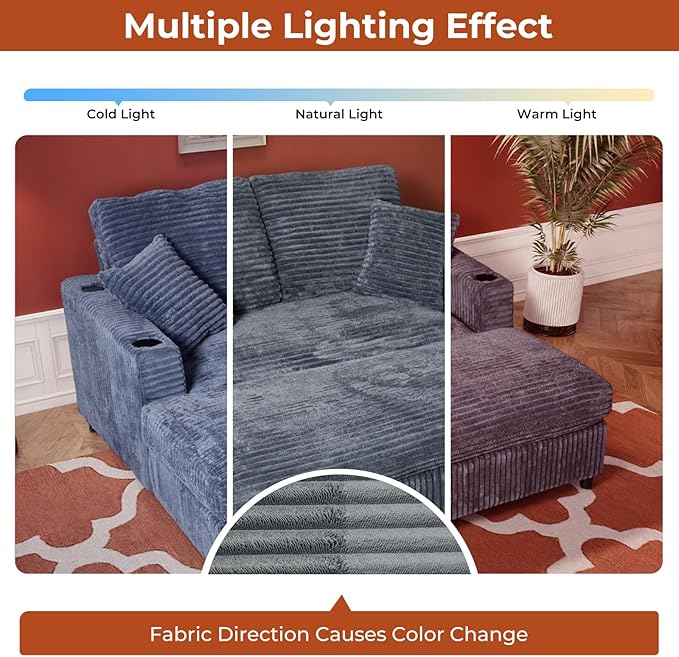 65" Oversized Chaise Lounge Chair Indoor, Upholstered Sofa Bed with Pillows & 2 Cup Holders, Sleeper Couch Comfy Corduroy Recliner Chair for Living Room, Movie Room, Bedroom, Gray