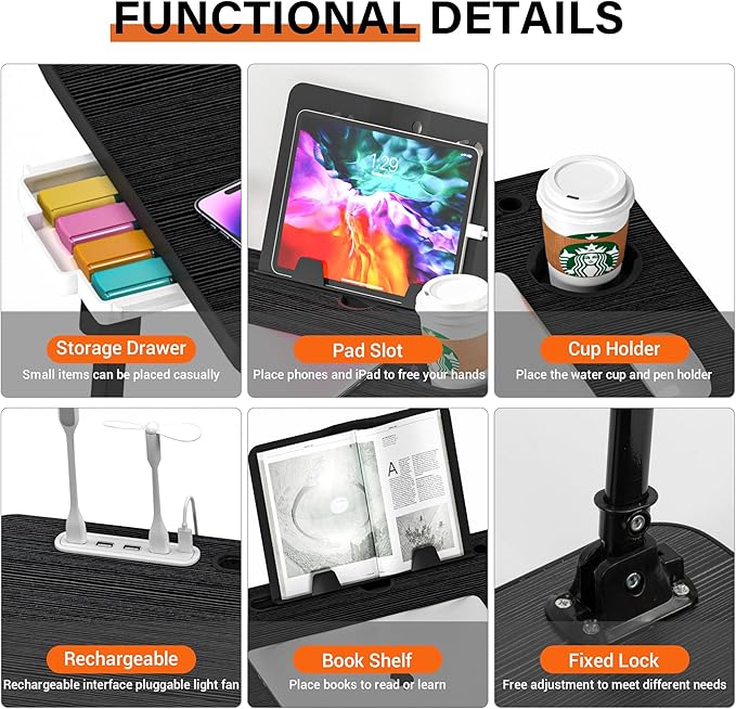 DECOSIS Laptop Desk for Bed Height Adjustable, Lap Bed Table with USB/Storage Drawer/Cup Holder/Tablet Stand/Book Shelf, Foldable Breakfast Tray Portable for Reading Writing, Sofa & Floor, Black