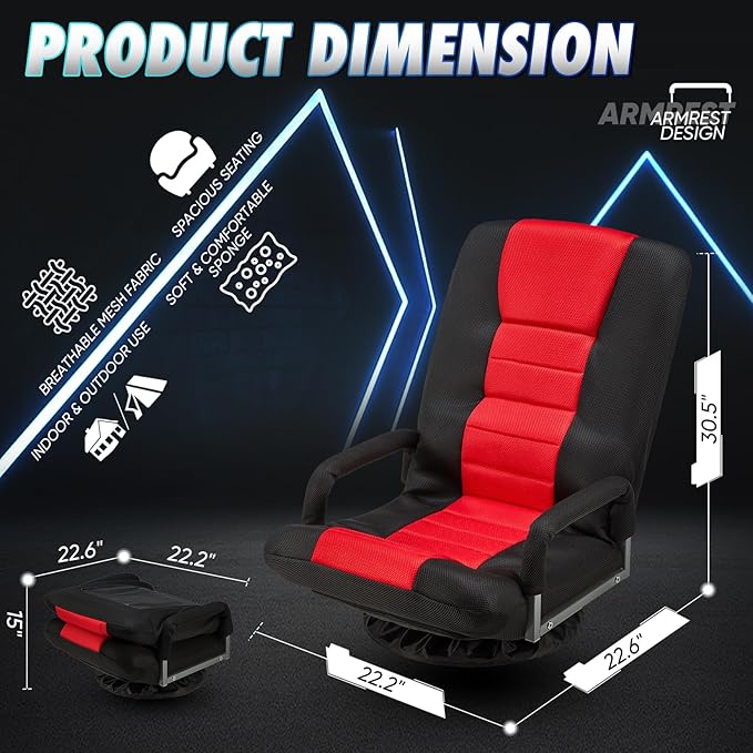 Swivel Gaming Chair 360 Degree Multipurpose Floor Chair w/Armrest & 6 Adjustable Postions Backrest for Adults & Kids, for Reading, Gaming, Watching, Relaxing, Red