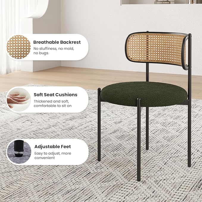 Farini Modern Upholstered Dining Chairs Set of 2,Rattan Back Dining Room Chairs,Accent Kitchen Chairs with Metal Legs,Green
