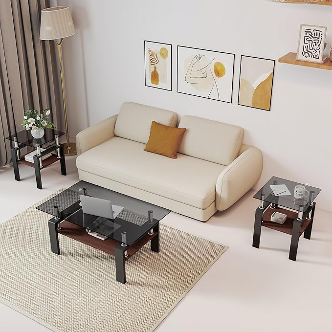 Set of 2 Modern Square Tea Tables, Tempered Glass Coffee and End Tables with MDF Layer for Living Room, Gray/Black