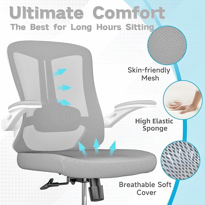 Ergonomic Office Chair - 400LB Comfy Desk Chairs with Lumbar Back Support, Mesh Computer Chairs with Wheels and Arms for Home Office, Study (Gray-Without Headrest)