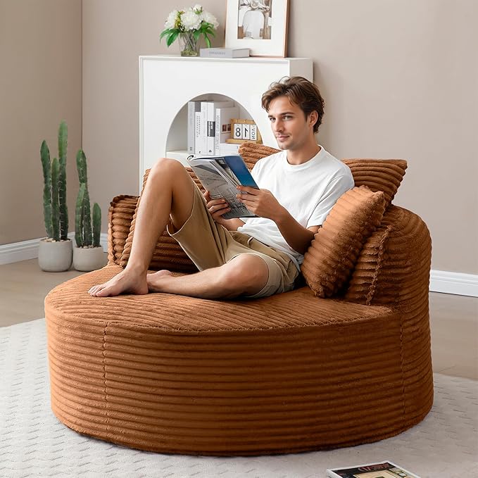 53"W Oversized Round Chaise Longue Chair Indoor,Corduroy Fluffy Comfy Cloud Chair,Circle Bean Bag Sofa with Foam Filling & Pillows,Boneless Reading Cozy Sofa Chairs for Living Room,Bedroom,Orange