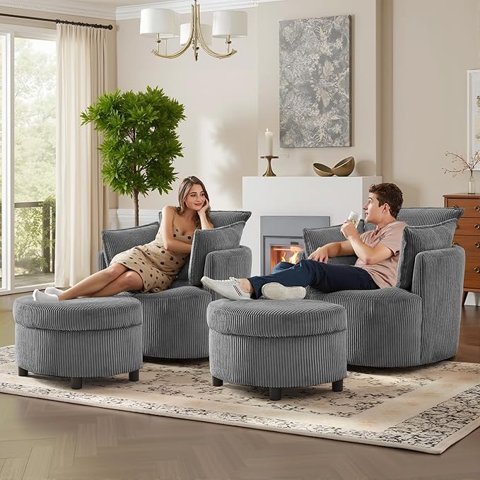 Chorlenimi Swivel Accent Chair Round Barrel Armchair Upholstered Living Room Chair Corduroy Reading Chair Single Sofa Chair for Bedroom Apartment Office (Grey, Standard 1Seater+ Ottoman)
