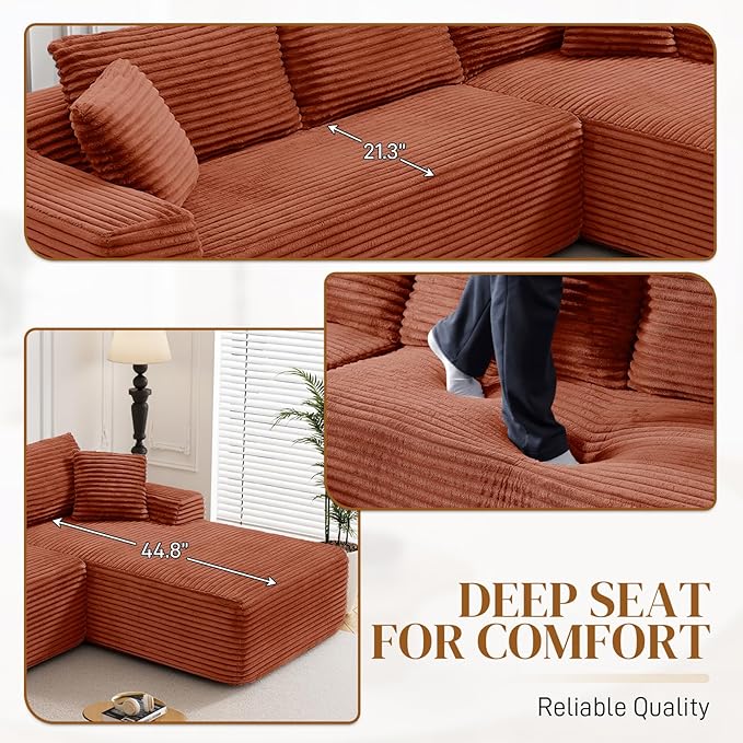 95" Boneless Cloud Sectional Couches for Living Room, Comfy Fluffy L Shaped Memory Foam Deep Seat Boneless Couch, Modular Sectional Sofa with Right Facing Chaise, Orange