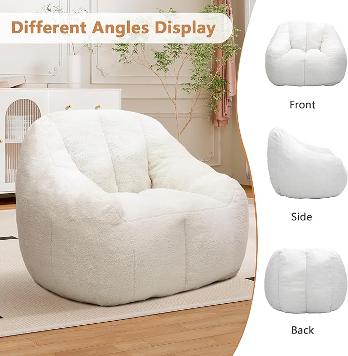 Setawix Bean Bag Chair with Filler, Comfy Teddy Bean Bag Chairs for Adults and Kids, Cozy BeanBag Sofa Fully Floor Couch with Memory Foam for Living Room Bedroom,White