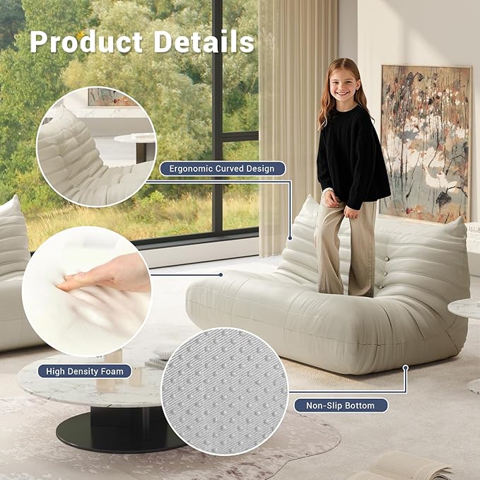 Fireside Chair Lazy Floor Sofa Set, Cozy Memory Foam Bean Bag Chairs, Faux Leather Giant Bean Bag Chair Sofa, Armless Foam Couch Lounger Tatami Recliner for Living Room Bedroom Dorm Office