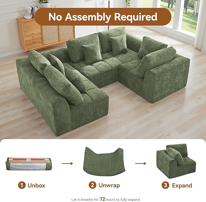 110''Modular Sectional Couches for Living Room, Cloud Boneless Compressed Sectional Sofa, Oversized U Shaped 5 Seater Upholstered Memory Foam Sofa, No Assembly, Chenille Green