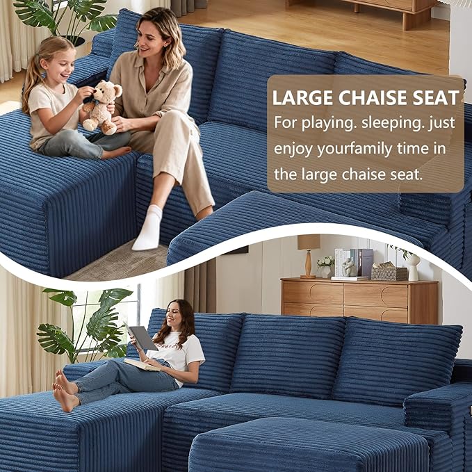 96" U-Shape Cloud Couch, Modern Modular Sectional L-Shape Sofa with Ottoman, Corduroy Upholstered Couches Deep Seat Sleeper Chaise Longue for Living Room, No Assembly Required(Blue, Left Facing)