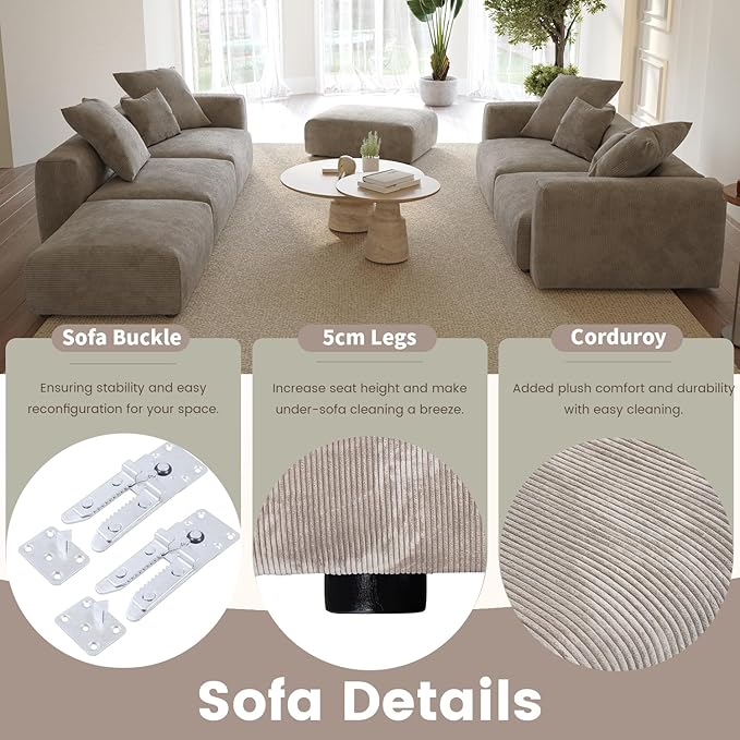 WJShome Cloud Couch Modular Sectional Sofa,102inch L Shaped Sofa with Ottoman,Brown 3 Seater Corduroy Couch,Convertible Sectional Sofa for Living Room,Cushion Covers Removable& Washable