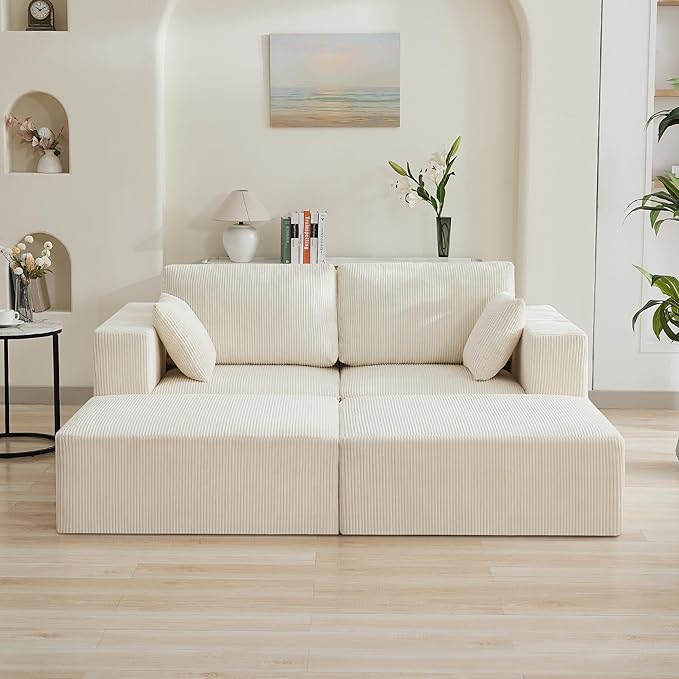 83'' Boneless Loveseat Sofa, Comfy Deep Seat Cloud Couch with 2 Moveable Ottoman, No Assembly Corduroy Love Seat for Living Room, Beige