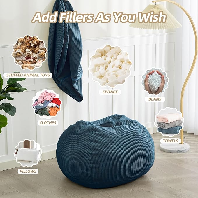 Bean Bag Chair with Corduroy Cover and Memory Foam Filled for Teens and Kids, Small Comfy Fluffy Floor Chair for Living Room Bedroom (Blue, 2.5FT)