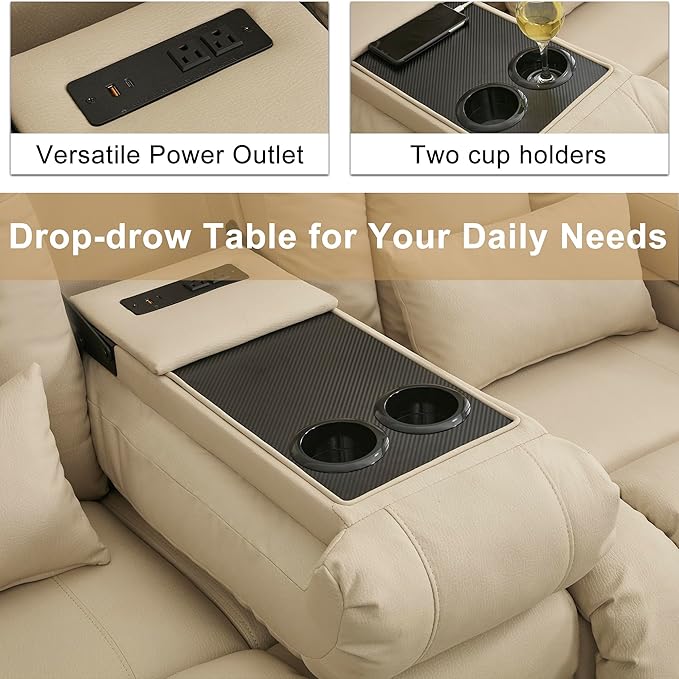 URRED Loveseat Recliner Sofa with Massage and Heat, Power Reclining Loveseat Sofa RV Couch with Console, Home Theater Seating with LED Lights, Bluetooth Speakers, USB, Outlets, Leathaire Beige