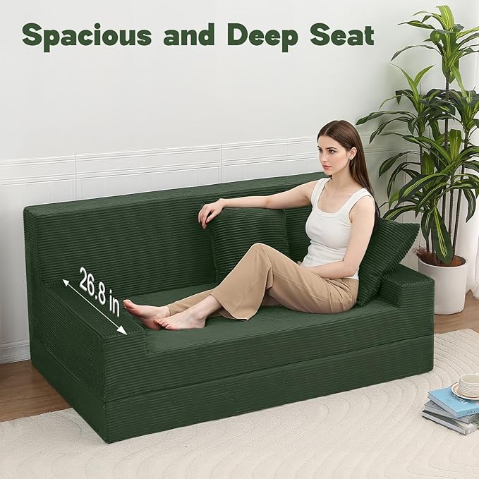 MeMoreCool Boneless Folding Sofa Bed, Corduroy Convertible Sleeper Chair, Foldable Foam Mattress Chair, Comfy Fold‑Out Futon Couch Bed, Large Floor Sofa Couch for Living‑Room Guest Dark Green